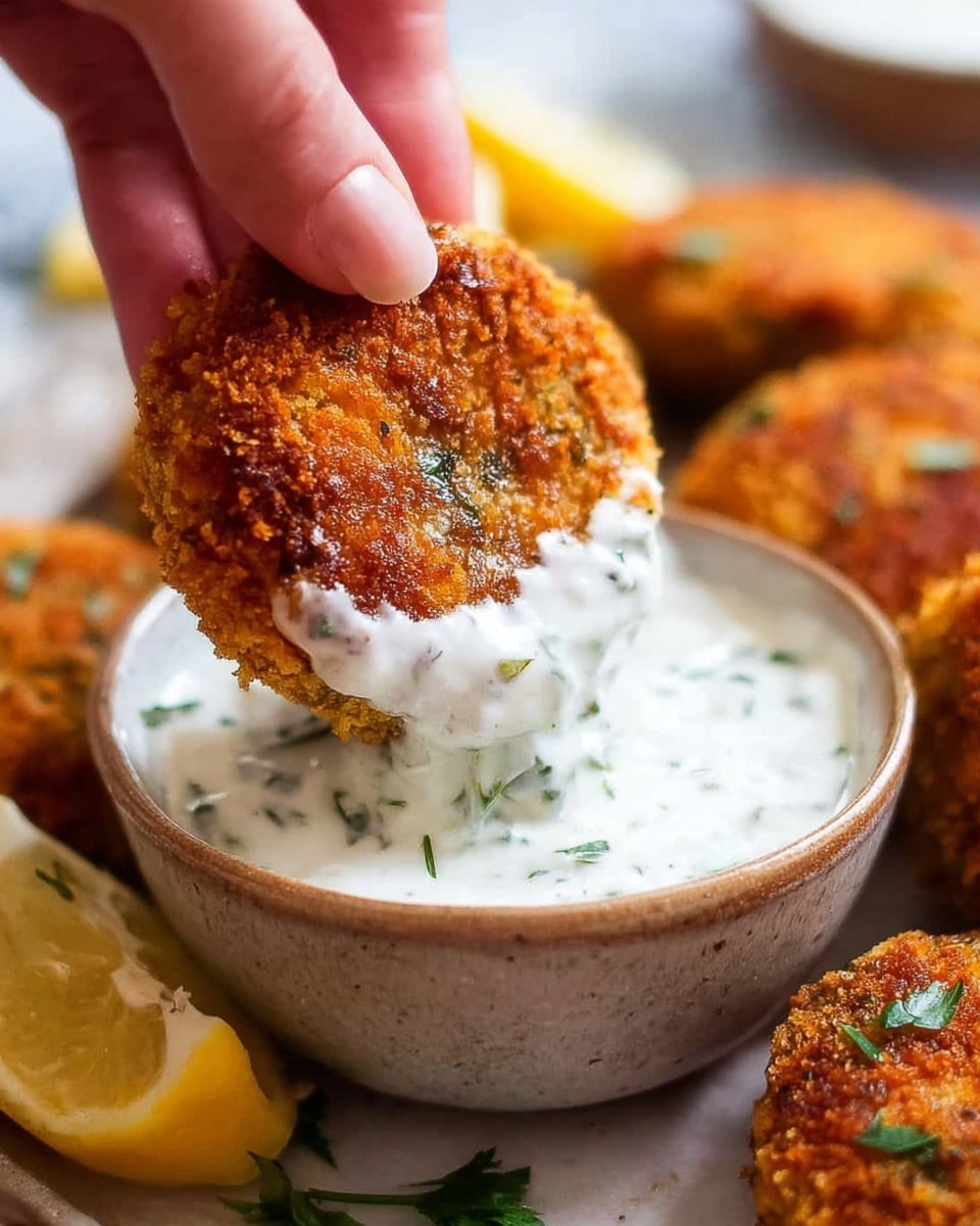 A close-up of a golden brown, crispy fried patty being dipped into a small bowl of creamy white sauce with green herb bits mixed in. The patty has a rough, crunchy texture, and it is held by a woman's hand. The sauce clings to the bottom of the patty as it is dipped. Around the bowl, more patties with a similar texture and some lemon wedge slices are visible, all placed on a white marbled surface. photo taken with an iphone --ar 4:5 --v 7