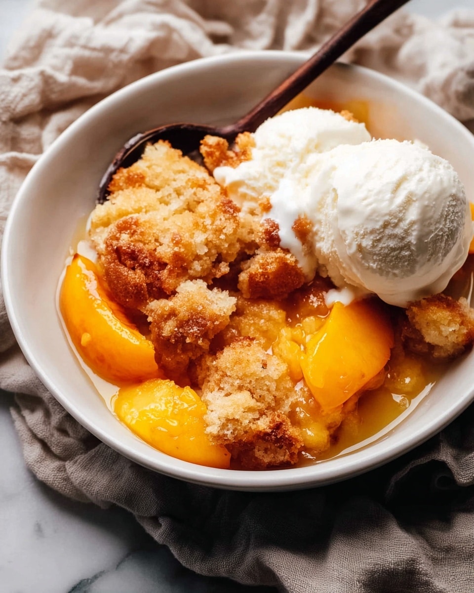 The image shows a white bowl with three main layers: bright golden peach slices soaked in syrup at the bottom right, a thick crumbly golden-brown biscuit layer with a rough texture on the left, and two smooth scoops of creamy white ice cream placed on top of the biscuit and peach layers. A bronze spoon is partially submerged in the peach layer on the right side of the bowl. The bowl rests on a gray cloth over a white marbled surface. Photo taken with an iphone --ar 4:5 --v 7