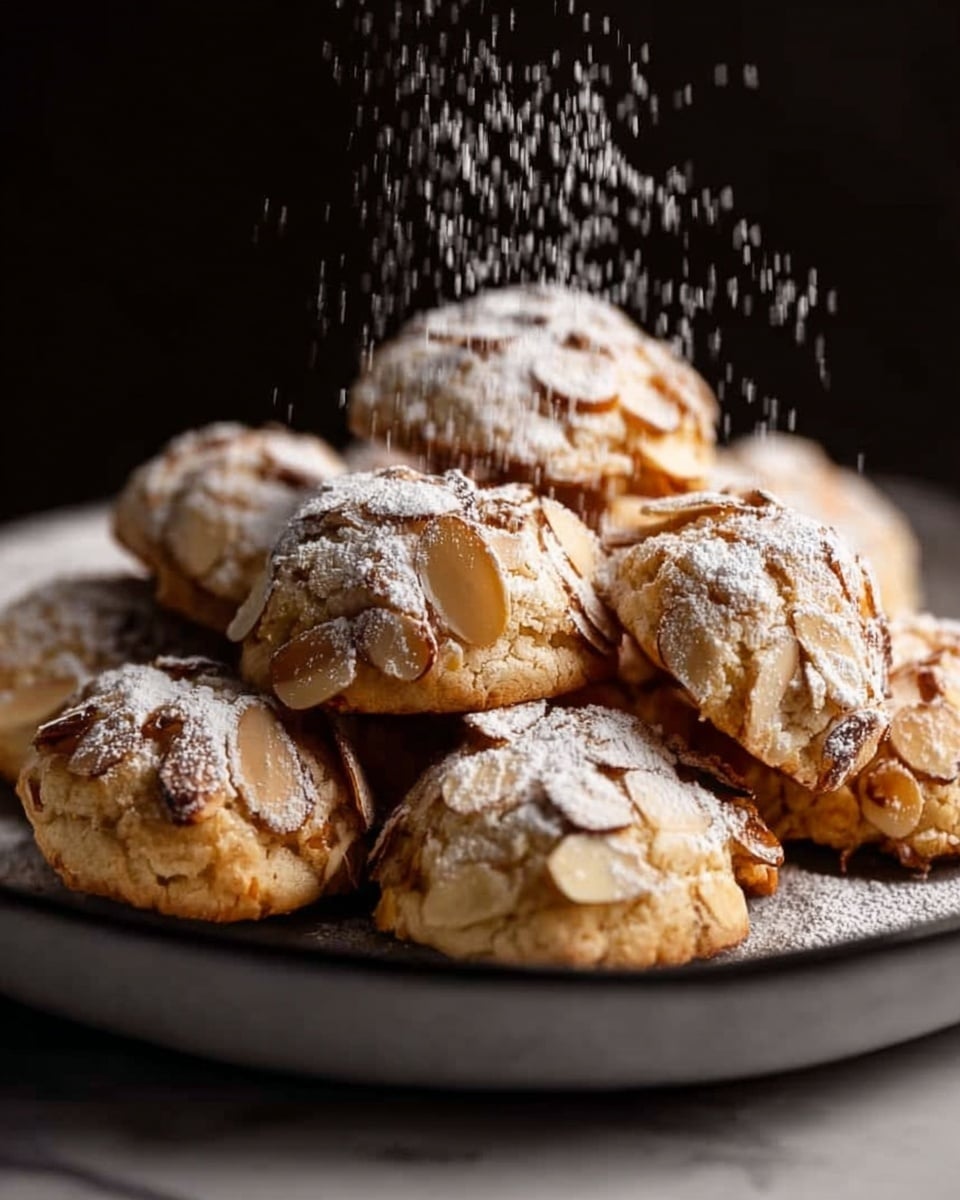 A close-up image of several almond croissants stacked together on a white plate with a slightly textured surface, each croissant covered in golden-brown toasted almond slices. The croissants have a flaky, layered texture with a dusting of white powdered sugar falling from above, adding a delicate, light coating on the almonds and the croissant surfaces. The background is softly blurred, emphasizing the warmth and crispiness of the croissants, all resting on a white marbled surface. photo taken with an iphone --ar 4:5 --v 7