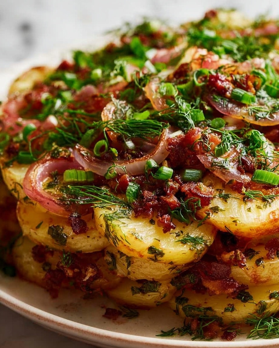 A close-up view of roasted baby potatoes cut in halves, showing a golden brown crispy texture on the outside with tender soft insides visible. The potatoes are mixed with thin, slightly caramelized red onion slices and bits of crispy bacon scattered throughout. The dish is garnished generously with fresh green herbs, including finely chopped chives and dill sprigs, which add vibrant green color and freshness to the warm tones of the potatoes. The food sits on a white dish with a white marbled background softly blurred in the back. photo taken with an iphone --ar 4:5 --v 7