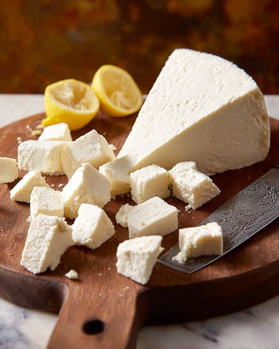 The image shows a wooden board with a large white block of crumbly cheese on the bottom left corner, several smaller cheese cubes arranged scattered above it, and a few lemon wedges in the upper part of the board. A silver knife with etched details lies flat on the bottom right of the board. The cheese looks soft and slightly grainy in texture, while the lemon wedges add a bright yellow contrast. The background is a white marbled texture. photo taken with an iphone --ar 4:5 --v 7