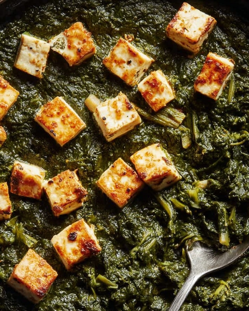 The image shows a close-up of a black pan filled with a thick, dark green spinach sauce that has a rich, slightly chunky texture. Scattered on top are many small cubes of golden-brown fried cheese, each with crisp, browned edges and a soft white interior. The cheese cubes create a contrast in color and texture against the dense, leafy green sauce beneath. A silver spoon is partially visible on the right side, scooping some of the sauce. The background is a white marbled texture. photo taken with an iphone --ar 4:5 --v 7