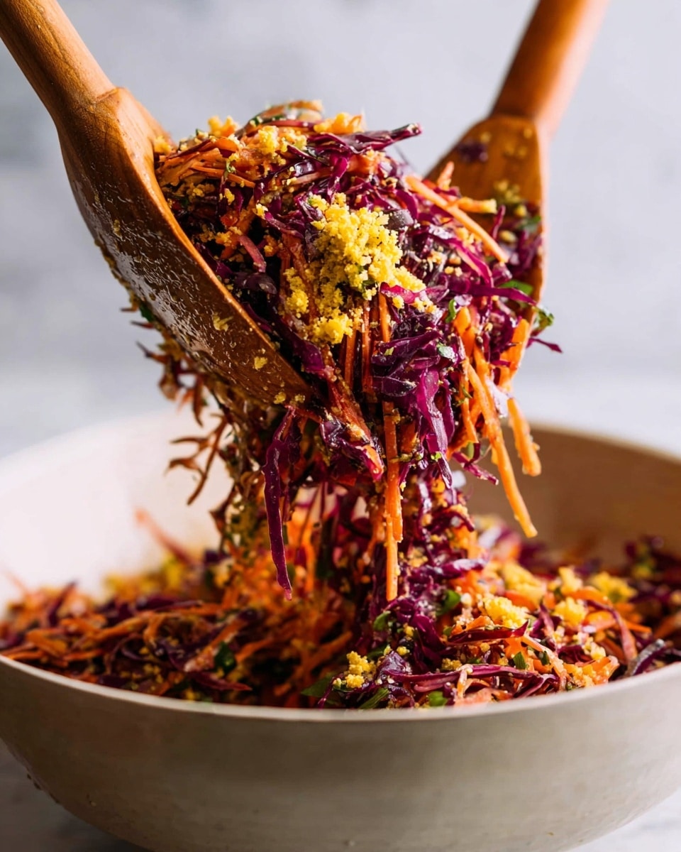 A close-up image shows a mix of shredded orange carrots and purple cabbage being lifted by two wooden spoons from a white bowl below. The mix looks fresh and textured with small bits of green herbs and some light yellow zest scattered throughout. The background is a clean white marbled texture. The mixture's vibrant colors and fine details are clear, reflecting a fresh, crunchy vegetable salad. photo taken with an iphone --ar 4:5 --v 7