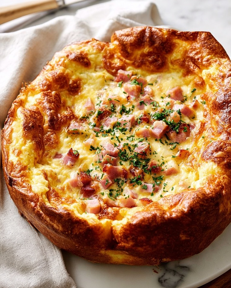 A deep, round baked dish with three distinct layers: the outer crust is thick, golden brown, and puffed up, forming a high edge around the dish; inside, the middle layer consists of a creamy, light yellow textured filling covered evenly with small cubes of pink ham; the top layer is sprinkled with finely chopped green herbs and bits of tomato, adding red and green colors on the smooth filling. The dish is placed on a white marbled surface with a silver plate partially visible under a white cloth next to it. photo taken with an iphone --ar 4:5 --v 7