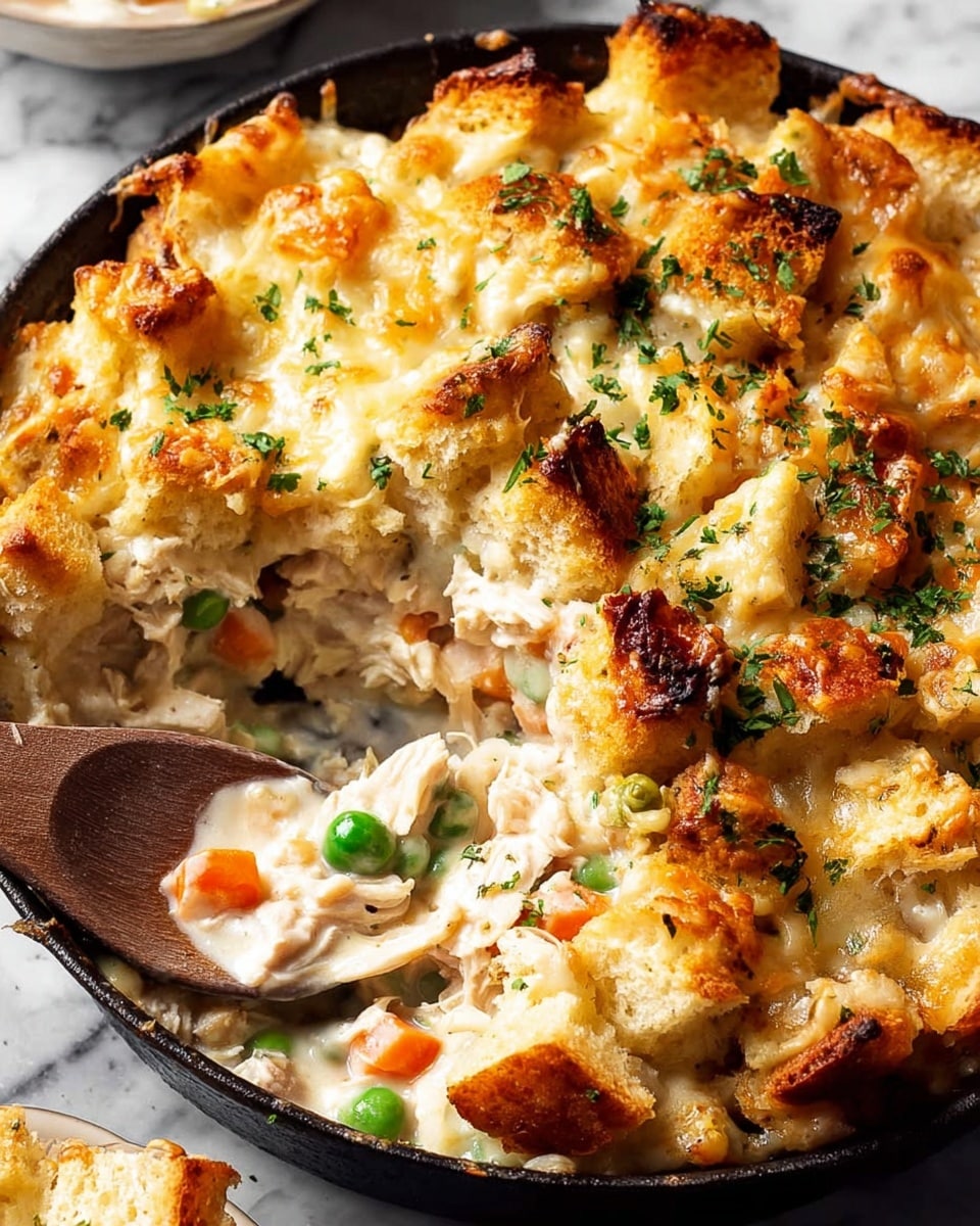 A round black cast iron skillet holds a layered creamy chicken pot pie with a golden brown melted cheese crust on top, garnished with small green parsley leaves. The top layer is bubbly and crisp with uneven torn patches of golden bread visible under the melted cheese. Underneath, there is a white creamy sauce mixed with visible chunks of cooked chicken, green peas, and small cubes of orange carrots. A wooden handled serving spoon scoops some of the creamy mixture from the skillet, resting on the edge. The background shows a white marbled surface, and small bits of green herbs are scattered around. Photo taken with an iphone --ar 4:5 --v 7