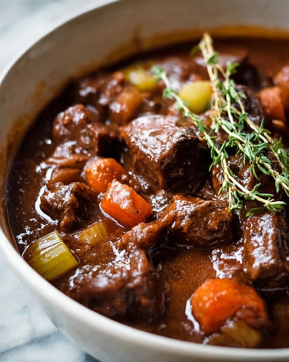 A close-up image of a rich beef stew in a white bowl, showing thick chunks of brown beef with a slightly shiny texture mixed with orange carrot slices and yellow celery pieces, all coated in a deep brown, glossy gravy. On top, there are sprigs of fresh green thyme adding a touch of color and freshness. The background features a white marbled texture that softly contrasts with the warm earthy tones of the stew. photo taken with an iphone --ar 4:5 --v 7
