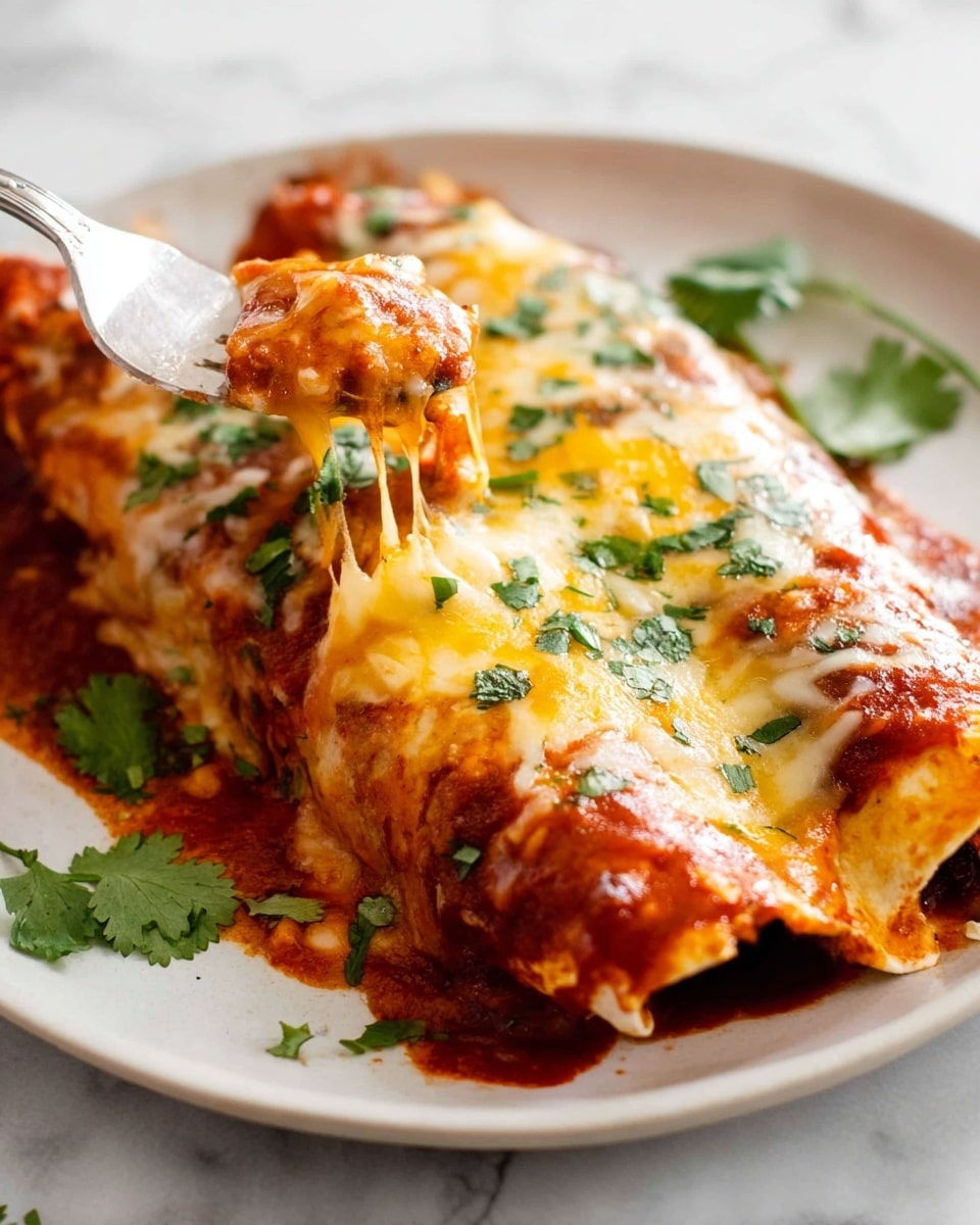 Two enchiladas are shown on a white plate over a white marbled surface. Each enchilada is a rolled tortilla filled with a dark inside layer, likely beans or meat, covered with a thick layer of red tomato sauce. On top of this sauce is a melted layer of golden-yellow and white cheese, sprinkled with fresh chopped green cilantro. A silver fork lifts a bite from one enchilada, showing melted cheese stretching from the piece. Some cilantro leaves are scattered on the plate and surface around it. Photo taken with an iphone --ar 4:5 --v 7