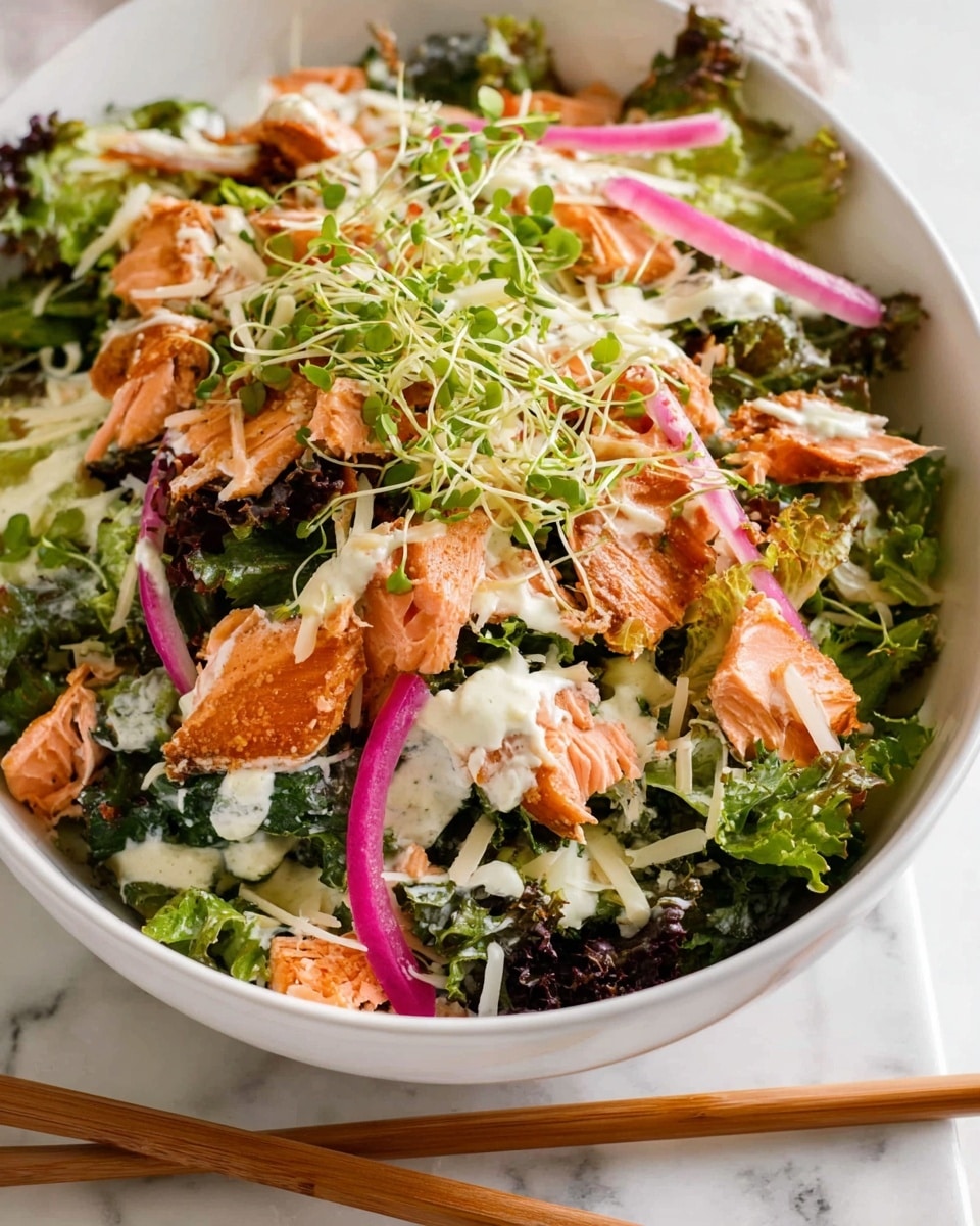 A white bowl filled with a colorful salmon salad in layers starting with dark green kale and lighter green lettuce covering the bottom, topped with chunks of cooked orange salmon scattered throughout, light pink pickled onions adding contrast, and a drizzle of creamy white dressing spread unevenly on top. Bright green pea shoots and light yellow grated cheese add texture and detail on the upper layers. Two wooden chopsticks rest on the side of the bowl, all set on a white marbled surface. photo taken with an iphone --ar 4:5 --v 7