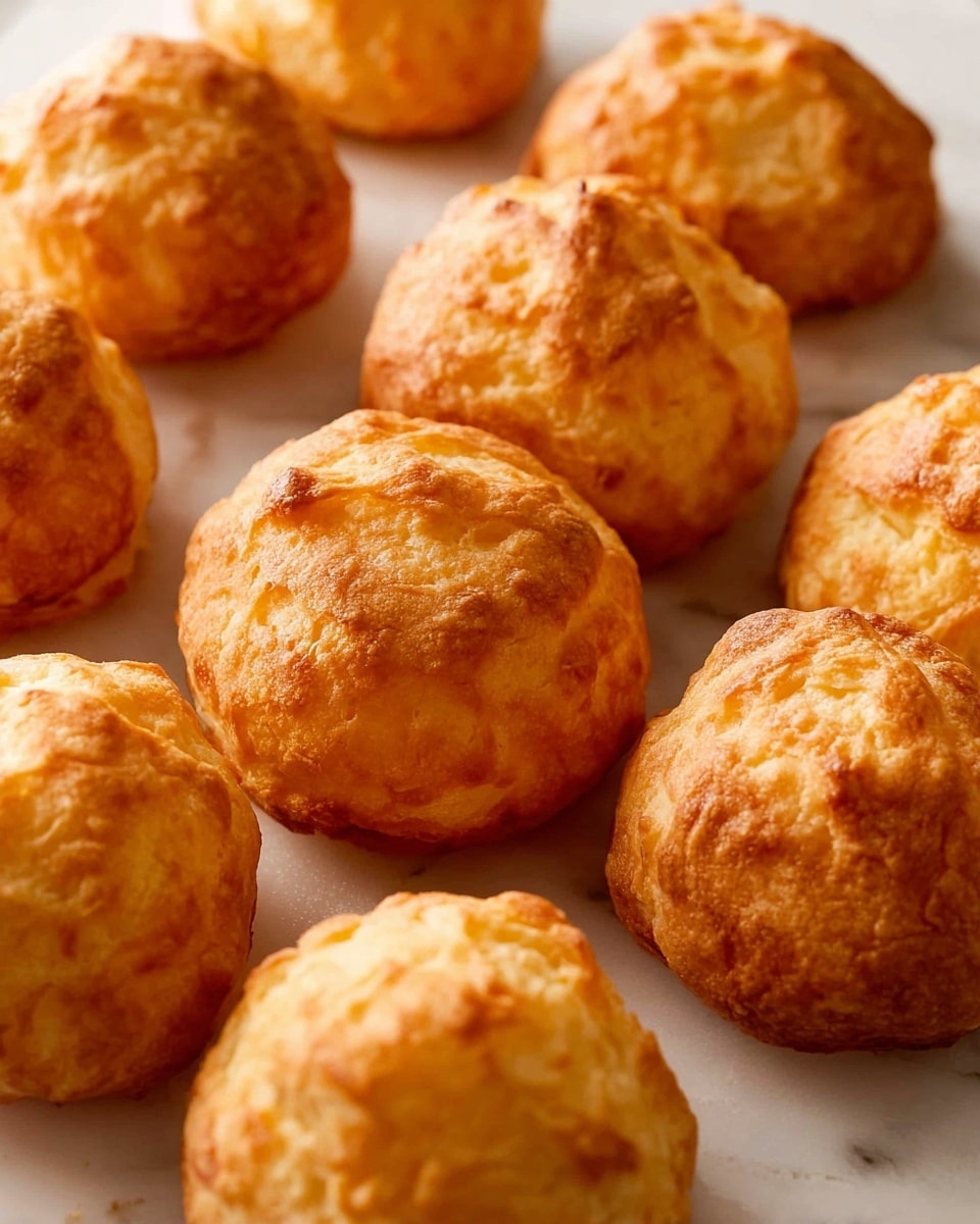The image shows a close-up of a group of golden brown, round, puffy cheese bread balls with a slightly rough and textured surface placed closely together on a white marbled background. Each bread ball has a crisp outer layer with small cracks and visible baked cheese bits, giving a light and airy look. The arrangement is casual, with some bread balls slightly overlapping at the edges, and the lighting creates warm highlights that enhance the crispy texture. Photo taken with an iphone --ar 4:5 --v 7