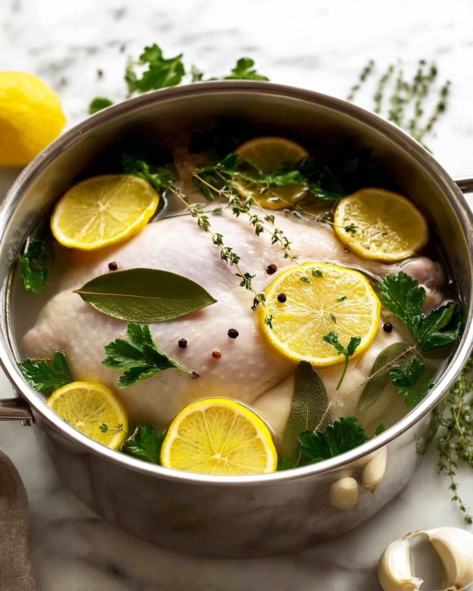 A large silver pot filled with clear water containing a whole raw chicken submerged inside. Floating on the surface are multiple bright yellow lemon halves and slices. Scattered around the chicken are several green herbs including sprigs of thyme, bay leaves, and parsley. Whole black peppercorns and peeled garlic cloves are also visible floating in the water. The pot is placed on a white marbled surface, with some blurred green herbs in the background. The scene has a fresh and clean look. photo taken with an iphone --ar 4:5 --v 7