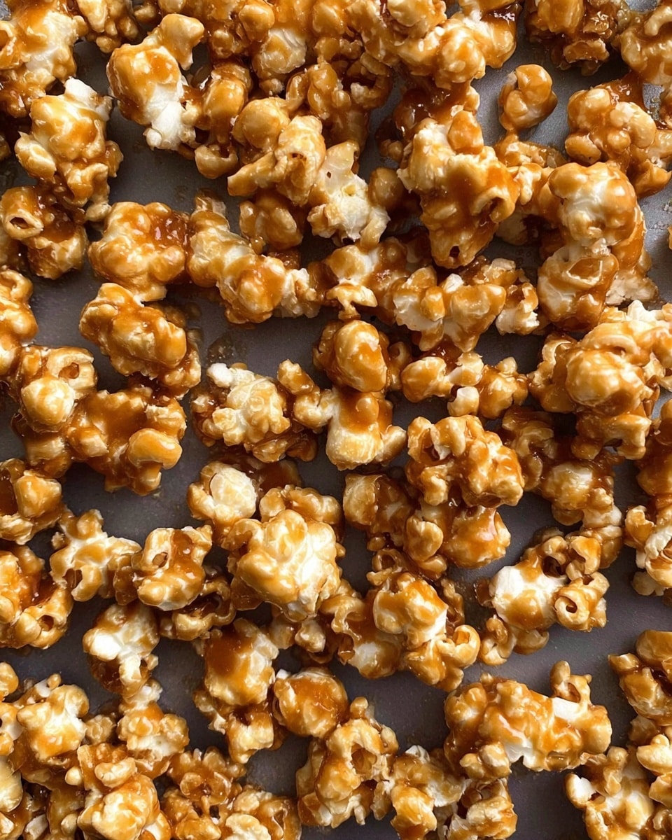 The image shows a close-up of many pieces of caramel popcorn spread evenly, covering the entire frame. Each popcorn piece is generously coated in a shiny caramel layer, giving them a rich golden-brown color with some creamy white parts of the popcorn visible underneath. The texture looks crunchy and slightly sticky, with small clusters and individual popped kernels mixed together, all set against a white marbled surface. photo taken with an iphone --ar 4:5 --v 7