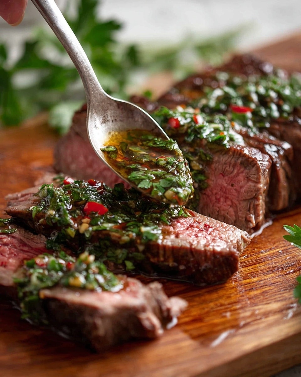 The image shows several slices of cooked steak with a pink center and browned edges, laid out on a wooden board. A spoon with green chimichurri sauce mixed with small pieces of red chili and herbs is being spread over the top of the steak slices. The chimichurri sauce has a shiny, oily texture that adds a fresh and glossy layer on the meat. The wooden board has some dark juice stains around the steak, and a few green leaves are blurred in the background. Photo taken with an iphone --ar 4:5 --v 7