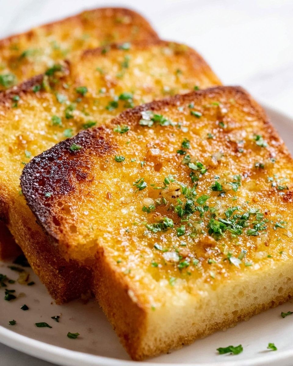 The image shows three pieces of toasted bread cut into rectangular shapes, arranged close to each other on a white marbled surface. Each piece has a thick base layer of soft, porous white bread with a golden, crispy top layer covered in a light coating of melted butter and small browned spots from toasting. Scattered finely chopped green herbs and tiny specks of toasted garlic decorate the top, adding texture and color contrast to the golden surface. The toast edges display a light char, giving a slightly uneven texture to the crust. Photo taken with an iphone --ar 4:5 --v 7