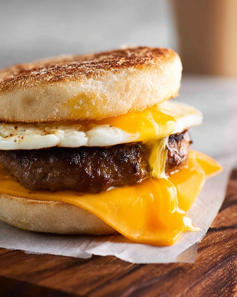 A close-up view of a sandwich with three main layers. The bottom layer is a white toasted English muffin with a slightly rough texture. On top of it, there is a melted bright orange cheddar cheese slice that drips slightly over the edges. Above the cheese lies a thick, well-cooked dark brown sausage patty with a shiny surface. The next layer is a cooked egg white patty, creamy and firm in texture, topped with a runny yellow egg yolk that slightly drips down the side. The sandwich is set on a piece of parchment paper over a wooden surface with a white marbled background. Photo taken with an iphone --ar 4:5 --v 7