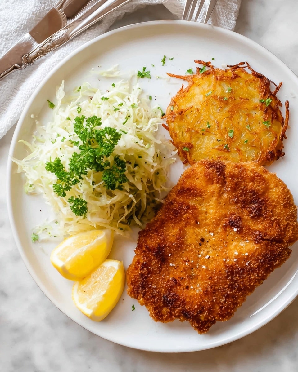 A white plate sits on a white marbled surface, holding a crispy golden-brown breaded cutlet that takes up most of the left side. To the right of the cutlet, there is a round, thin, and crispy potato rösti with a deep golden-yellow color and a sprinkling of coarse salt and black pepper. Next to the rösti is a pile of finely shredded pale green cabbage garnished with small green parsley sprigs scattered over the plate, including on the cutlet. Two lemon wedges with bright yellow skin and white inner flesh rest at the bottom left corner of the cutlet. The scene also shows part of a white cloth napkin with a fork and knife in the top left corner. photo taken with an iphone --ar 4:5 --v 7