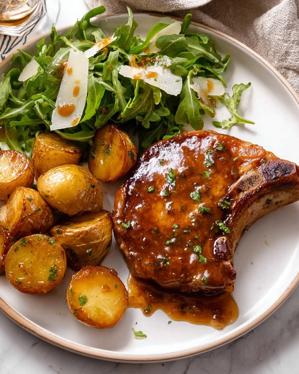 A white plate holds a juicy pork chop covered in a shiny brown glaze with small green herb bits on top, positioned on the right side. On the bottom left are several browned, roasted baby potatoes, cut in halves and coated with a golden, slightly crispy skin. To the top left of the plate is a small mixed green salad with bright green leaves and a few thin white slices scattered on top, all lightly dressed with a shiny vinaigrette. The plate rests on a white marbled surface with a textured beige cloth partially visible in the upper right corner. Photo taken with an iphone --ar 4:5 --v 7