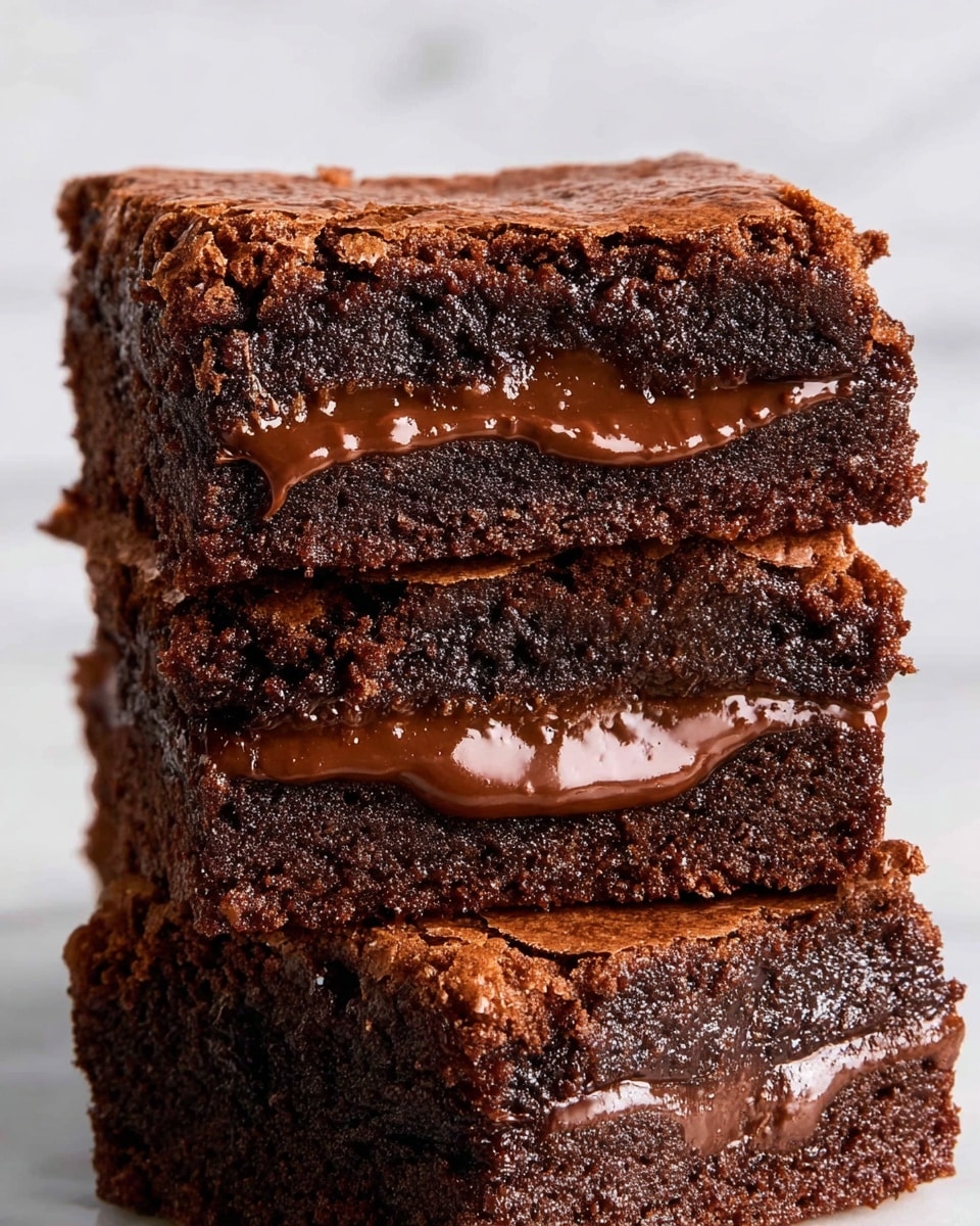 A close-up view of a stack of three thick, square chocolate brownies with a rich, gooey chocolate filling layered in the middle of each brownie. Each brownie layer has a dark brown color with a slightly rough, crumbly texture on the outside, while the creamy chocolate filling in the center is smooth and shiny, oozing slightly outside the edges. The background shows a white marbled texture that softly contrasts with the dark brownies. photo taken with an iphone --ar 4:5 --v 7