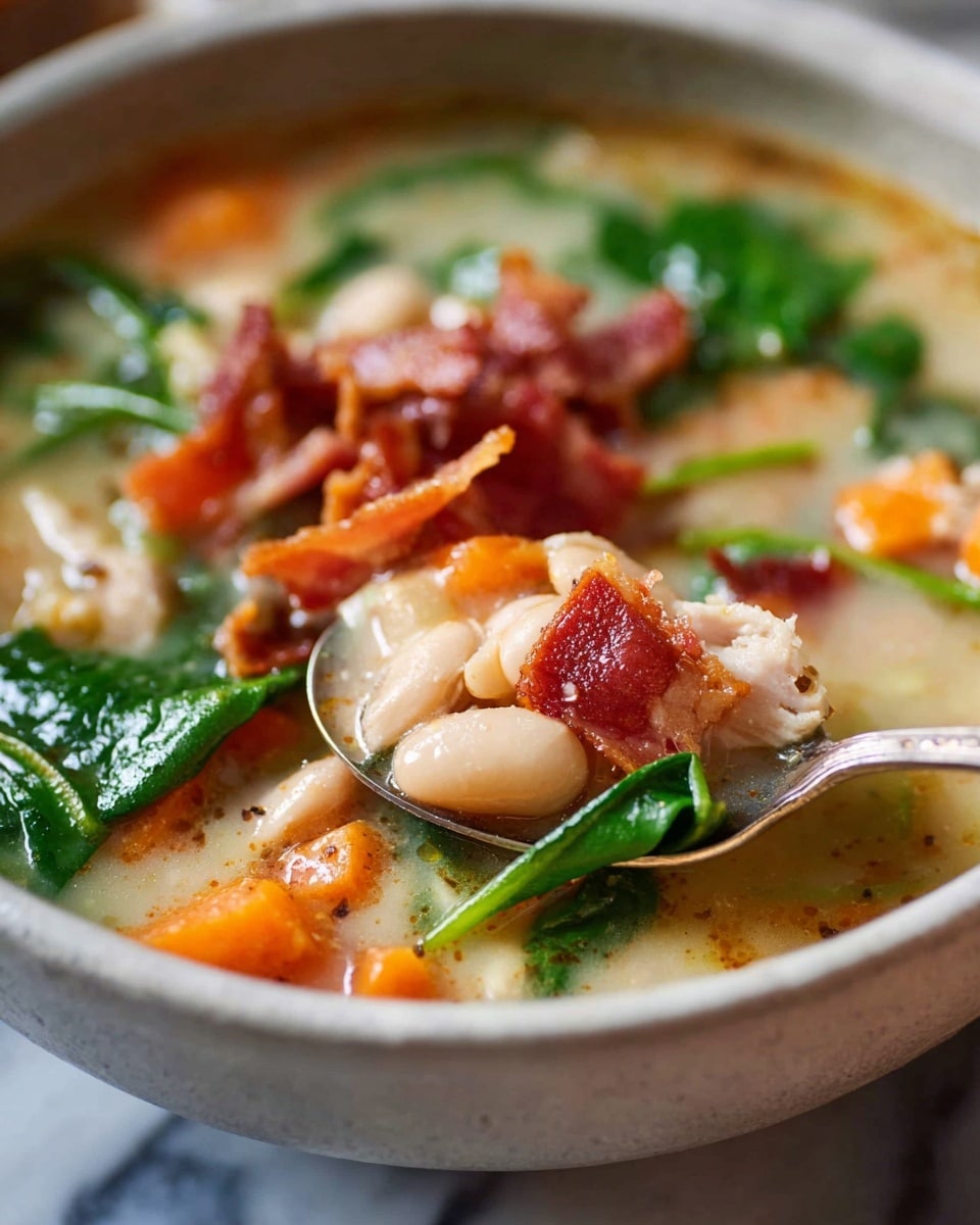 A close-up of a gray bowl filled with creamy soup that has several layers of ingredients: chunky white beans at the bottom, bright orange carrot pieces, green leafy spinach, and crispy reddish-brown bacon strips on top. A spoon enters the soup from the right side, scooping a mix of beans, bacon, and spinach. The background is a white marbled texture. photo taken with an iphone --ar 4:5 --v 7