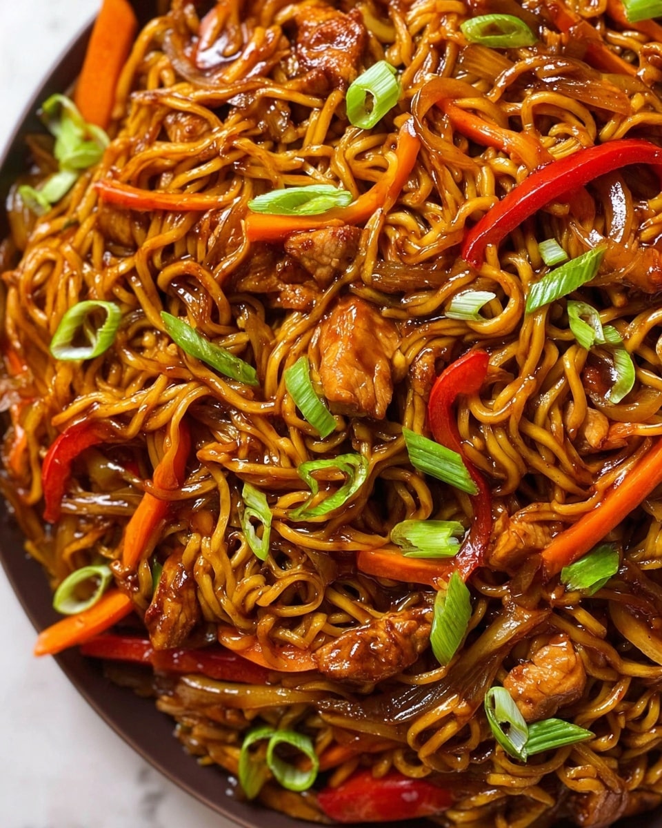 A close-up view of a colorful stir-fry dish shows one layer of glossy, curled brown noodles mixed with thin, soft strips of orange carrots and red bell peppers, bright green chopped spring onions sprinkled on top, and small browned pieces of cooked chicken evenly distributed throughout. The texture of the noodles looks slightly oily and shiny, blending well with the tender vegetables and meat. The image is set against a white marbled background. photo taken with an iphone --ar 4:5 --v 7