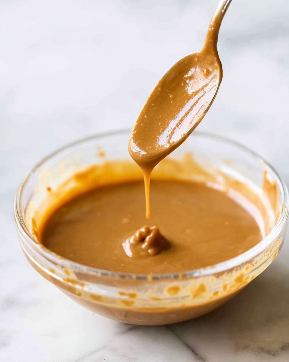 A clear glass bowl filled with a smooth, thick, light brown sauce is set on a white marbled surface. Above the bowl, a spoon holds some of the sauce, showing its creamy texture as it drips slowly back into the bowl, creating a small ripple in the sauce below. The sauce has a shiny surface with small bubbles and slight texture variations, indicating its rich consistency. photo taken with an iphone --ar 4:5 --v 7