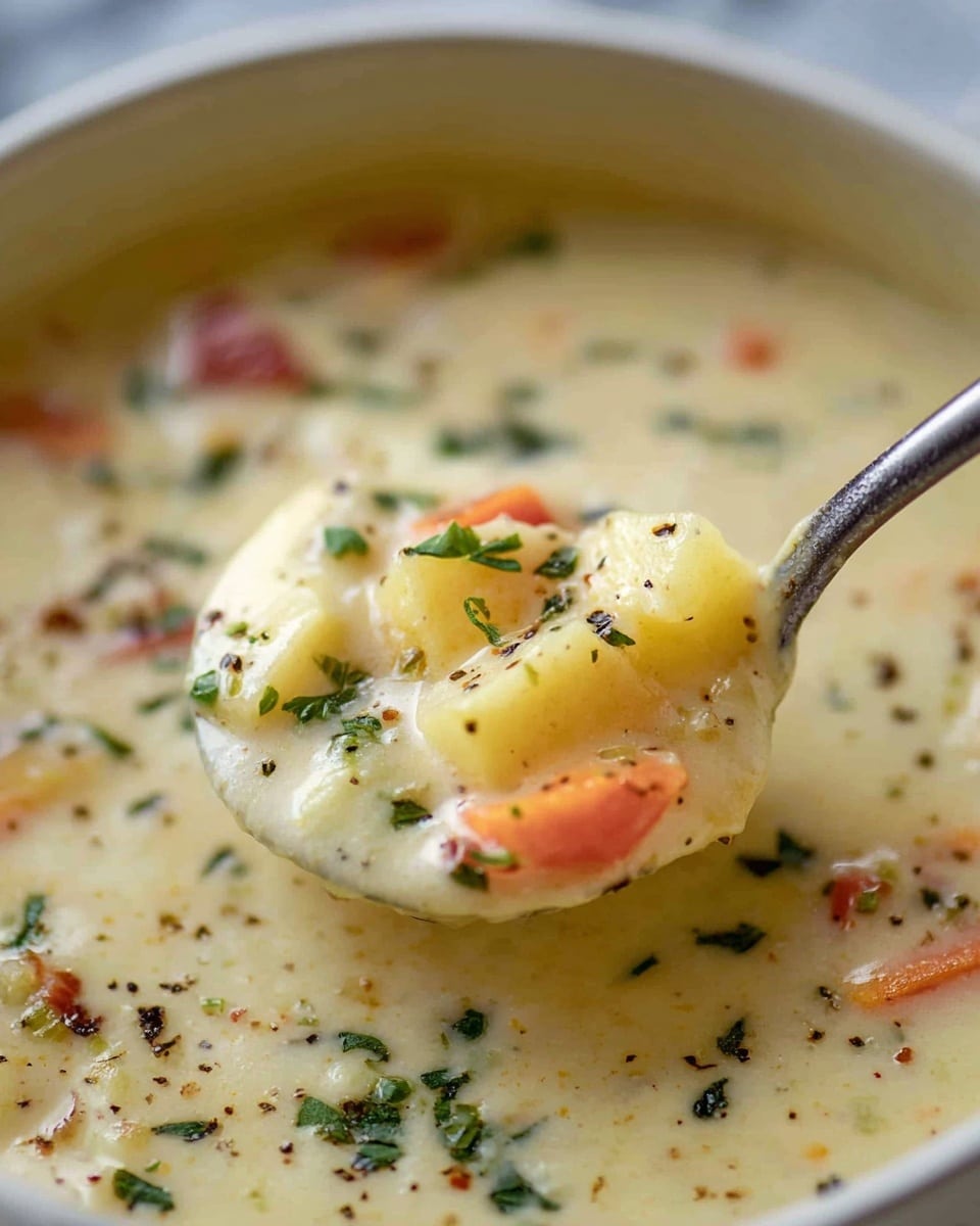 A close-up image of a thick creamy soup in a white bowl, showing a ladle lifting a scoop filled with chunky pieces of light yellow potatoes, small orange carrot slices, and bits of fresh green herbs scattered on top. The soup base is smooth and pale cream-colored, rich in texture with tiny black pepper specks. The background is a white marbled surface. photo taken with an iphone --ar 4:5 --v 7