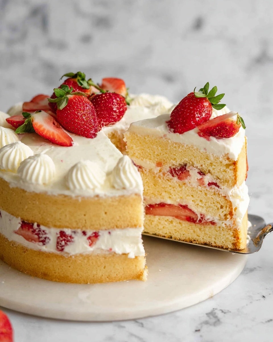 A two-layer vanilla sponge cake is shown with a thick middle layer of white cream and visible bright red strawberry slices inside. The cake is covered with smooth white frosting, and the top edge is decorated with dollops of cream, each topped with a whole strawberry with green leaves. A slice of the cake is being lifted by a silver spatula, showing the soft, moist texture of the sponge. The cake is placed on a round white marble board, set against a white marbled background. photo taken with an iphone --ar 4:5 --v 7