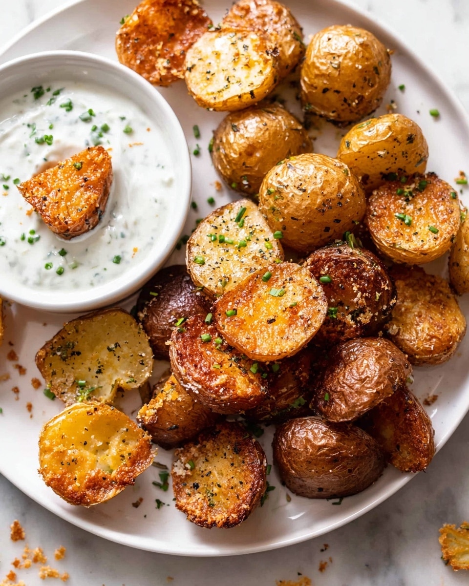 The image shows a white plate with multiple small roasted potatoes, cut in half with a crispy, browned skin and a golden, textured surface sprinkled with herbs and black pepper. Some whole roasted potatoes with shiny, golden skins are also present. On the side, there is a small white bowl filled with a creamy white dip sprinkled with chopped green herbs, one roasted potato half dipped into the sauce. The plate rests on a white marbled surface scattered with small crumbs. Photo taken with an iphone --ar 4:5 --v 7