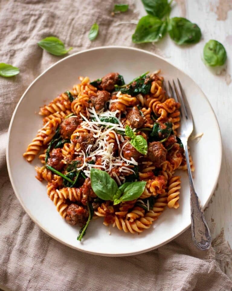 Sausage Pasta with Tomato, Spinach, and Basil Recipe