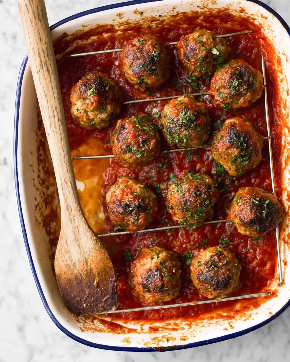 This image shows a white baking dish with a blue rim, filled with chunky red tomato sauce spread evenly at the bottom. On top, there are two layers of browned meatballs; some rest directly in the sauce, while others sit on a metal rack above it. The meatballs are round, dark brown with a slightly crispy texture, and sprinkled with small green herb pieces. A wooden spoon with tomato sauce and a meatball sits inside the dish on the left side. The baking dish is on a white marbled surface. photo taken with an iphone --ar 4:5 --v 7