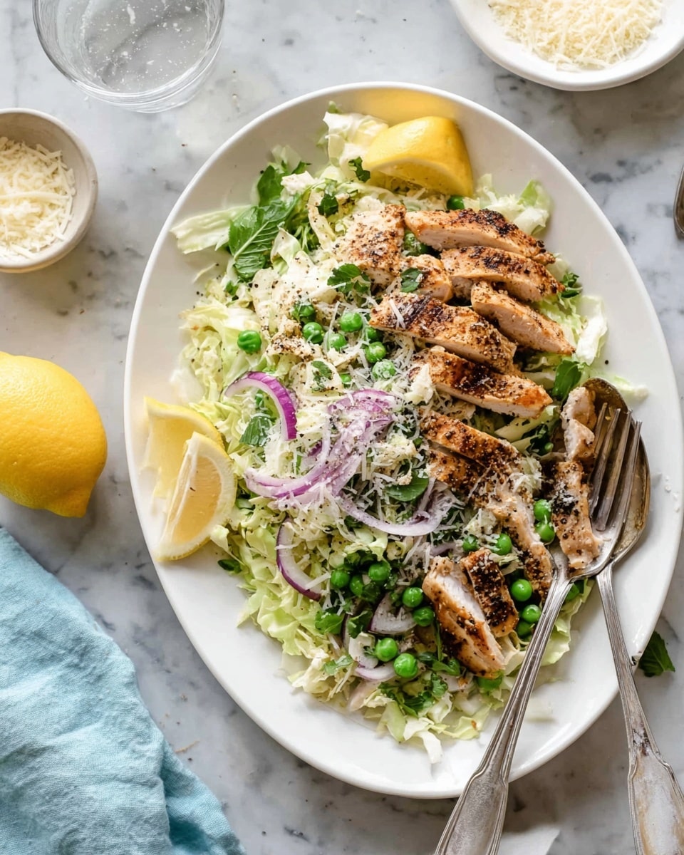 The dish shows a white oval plate filled with a layered salad and grilled chicken slices. The bottom layer consists of shredded light green cabbage mixed with bright green peas and thin slices of purple onion. On top of this vegetable layer are slices of grilled chicken, light brown with grill marks, sprinkled with grated white cheese. There are two lemon wedges placed on the side of the plate with a few green leaves for garnish. Two silver spoons rest on the right side of the plate. The plate is on a white marbled surface with a half-cut lemon, blue cloth, a glass of sparkling water, and a small white bowl filled with extra grated cheese around it. photo taken with an iphone --ar 4:5 --v 7