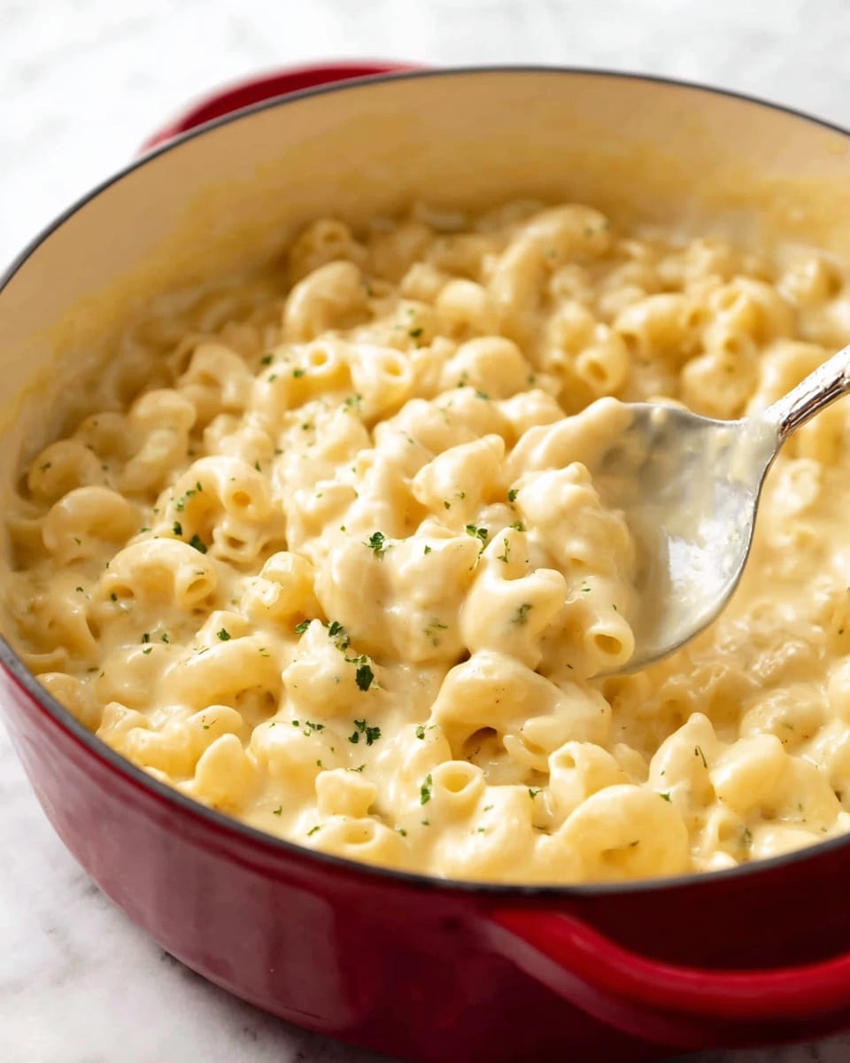 The image shows a close-up of creamy macaroni and cheese inside a red pot with a white inner surface. The macaroni pasta is covered in a thick, smooth, pale yellow cheese sauce with a few small green herb pieces sprinkled on top. A spoon scoops some of the cheesy pasta, showing the noodles’ curled shapes and the rich texture of the sauce. The pot rests on a white marbled surface. photo taken with an iphone --ar 4:5 --v 7