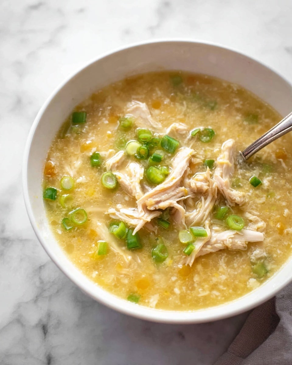 A shallow white bowl filled with a thick, light yellow soup that has visible shredded chicken pieces layered on top and scattered chopped green onions adding a fresh green color. A silver spoon rests in the soup on the right side of the bowl. The bowl is placed on a white marbled surface with a soft white fabric in the background. The soup appears warm and hearty with a smooth texture broken up by the chicken strands. Photo taken with an iphone --ar 4:5 --v 7