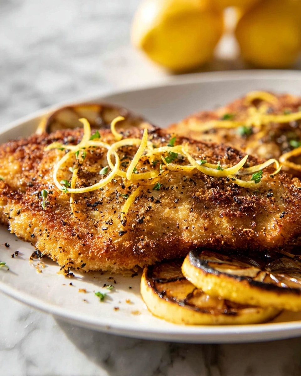The image shows two pieces of golden brown, seasoned chicken cutlets with a slightly crispy texture, placed on a white plate. Thin yellow lemon zest curls and small green herb bits are scattered on top of the chicken, adding color contrast. Around the chicken, there are several grilled lemon slices featuring char marks and a shiny, juicy surface. The plate is set on a white marbled surface with soft lighting highlighting the crispy texture and fresh garnishes. photo taken with an iphone --ar 4:5 --v 7