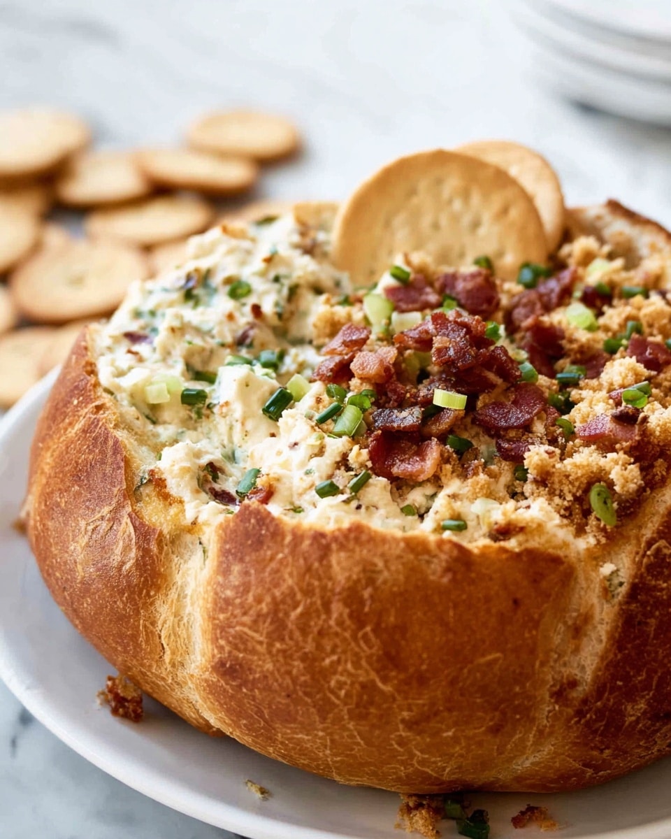 A large round bread bowl sits on a white plate on a white marbled surface, filled with two distinct creamy layers. The left side of the bowl contains a thick, pale yellow mixture with green herbs and small pieces of browned bacon, showing a melted, cheesy texture with some spilling slightly over the edge. The right side holds a chunky light brown dip topped with crispy bacon bits and sliced green onions, adding a touch of red and green color. Two round, golden-brown crackers stand upright in the center of the bread bowl. Additional golden crackers are scattered around the plate in the background. Photo taken with an iphone --ar 4:5 --v 7