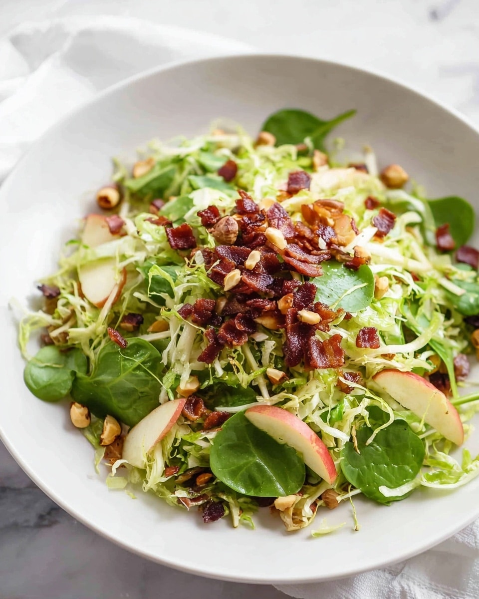 In a white bowl resting on a white marbled surface, there is a fresh salad with several layers. The bottom layer is made of thinly shredded green Brussels sprouts with some round, dark green leaves mixed in. On top of this, thin sticks of red and white apple slices add color and texture. Scattered throughout are small, golden-brown hazelnuts and crispy, dark brown bacon pieces. The salad is topped with a small mound of more bacon bits and hazelnuts in the center, adding a rich, crunchy look. The overall presentation is fresh, colorful, and textured. photo taken with an iphone --ar 4:5 --v 7