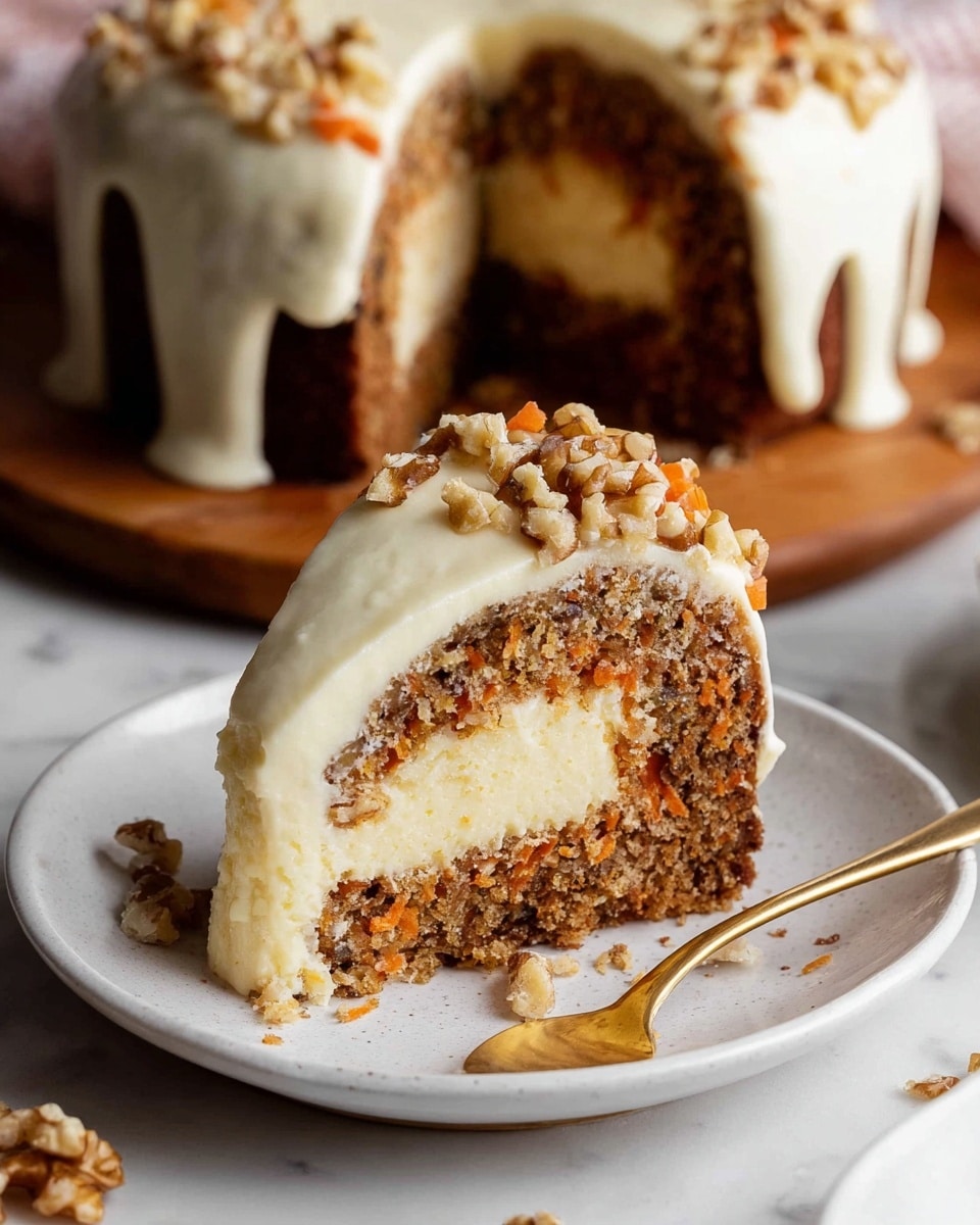 A slice of carrot cake with three layers is shown on a white plate, sitting on a white marbled surface. The bottom layer is thick and brown with visible pieces of nuts and carrots, textured and moist. The middle layer is a dense, creamy, pale yellow filling that stands out clearly. The top layer is a smooth white frosting that drips slightly down the sides and is sprinkled with chopped walnuts. In the background, the whole cake is partially visible with the same frosting and walnut topping. A gold spoon and a fork are placed near the plate. Photo taken with an iphone --ar 4:5 --v 7