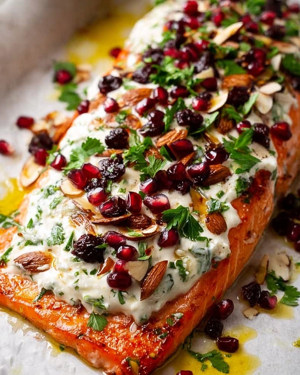 Christmas Baked Salmon with Creamy Dill Sauce, Cranberry Orange Tapenade, and Pomegranate Garnish Recipe