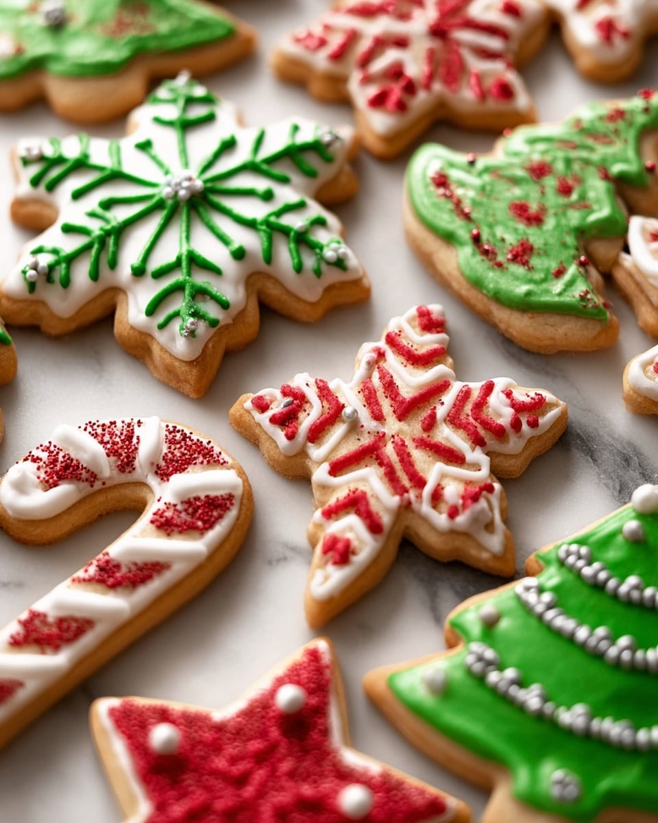 The image shows a variety of Christmas-themed cookies decorated with colorful icing. There are cookies shaped like snowflakes, candy canes, stars, and Christmas trees. The snowflake cookies have a white base layer with green lines and dots on top, creating a detailed snowflake pattern. The candy cane cookies have a white base layer with red stripes evenly spaced, appearing smooth and glossy. The star cookie has a bright red base with a textured white zigzag pattern on top. The Christmas tree cookie has a green base layer with white icing in wavy lines and small silver bead decorations. All cookies are on a white marbled surface, arranged closely to each other, highlighting their festive colors and detailed designs. photo taken with an iphone --ar 4:5 --v 7