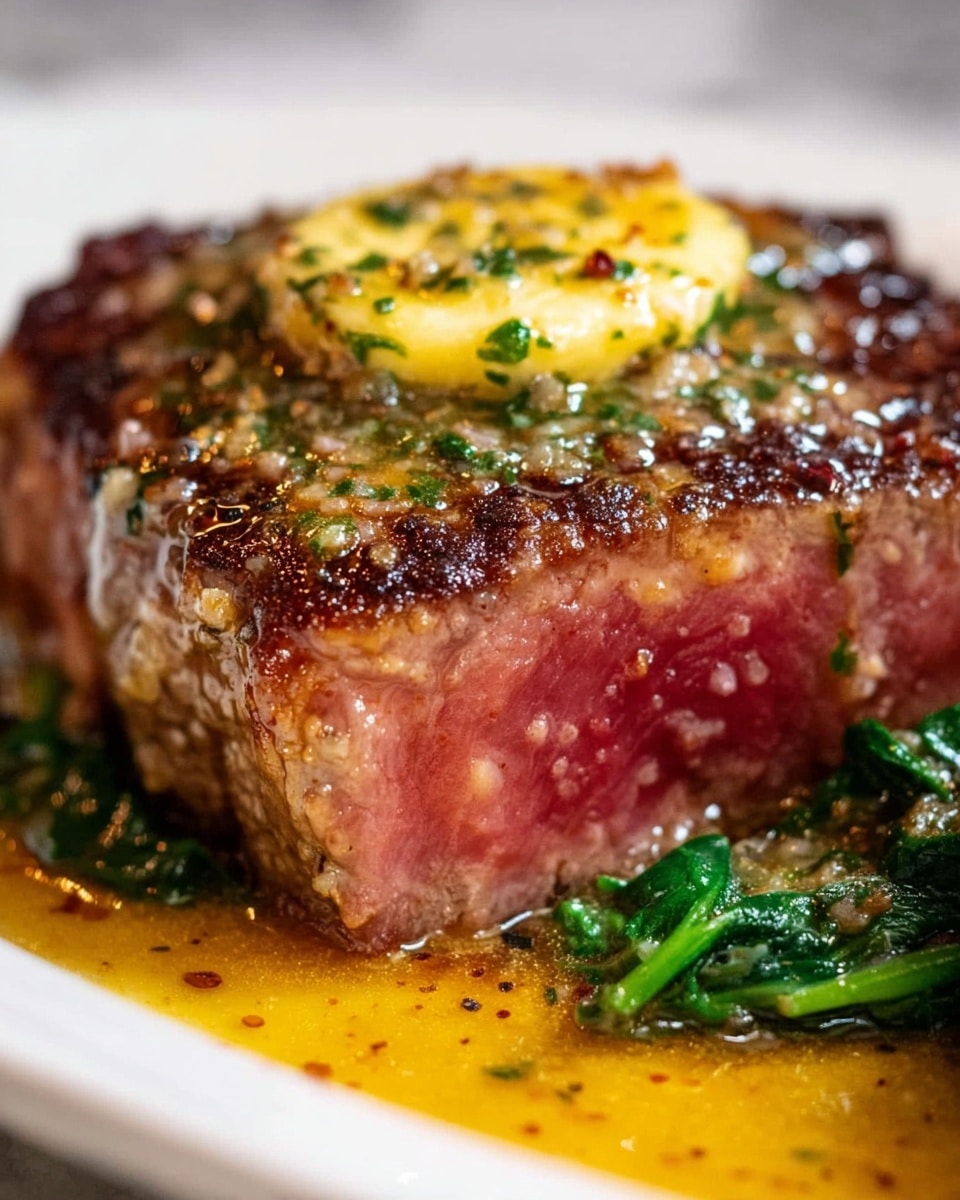 This close-up image shows a thick cut steak cooked medium, with a pink center and a seared brown edge. On top of the steak is a round dollop of golden-yellow herb butter melting, with visible flecks of green herbs mixed in. Surrounding the steak is a bright yellow sauce with green herb specks, pooling on a white marbled surface. At the lower left corner, cooked green spinach leaves add a fresh color contrast. The textures range from the juicy steak meat to the smooth melting butter and sauce. photo taken with an iphone --ar 4:5 --v 7