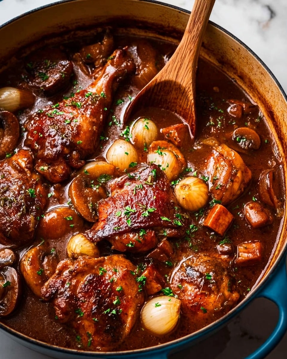 A close-up view of a rich brown stew in a deep blue pot filled with several browned chicken pieces cooking in thick sauce, whole small light golden onions, and cubes of golden-brown cooked meat, all sprinkled with small green herb bits on top, with a wooden spoon stirring on the left side, all set on a white marbled texture surface. photo taken with an iphone --ar 4:5 --v 7