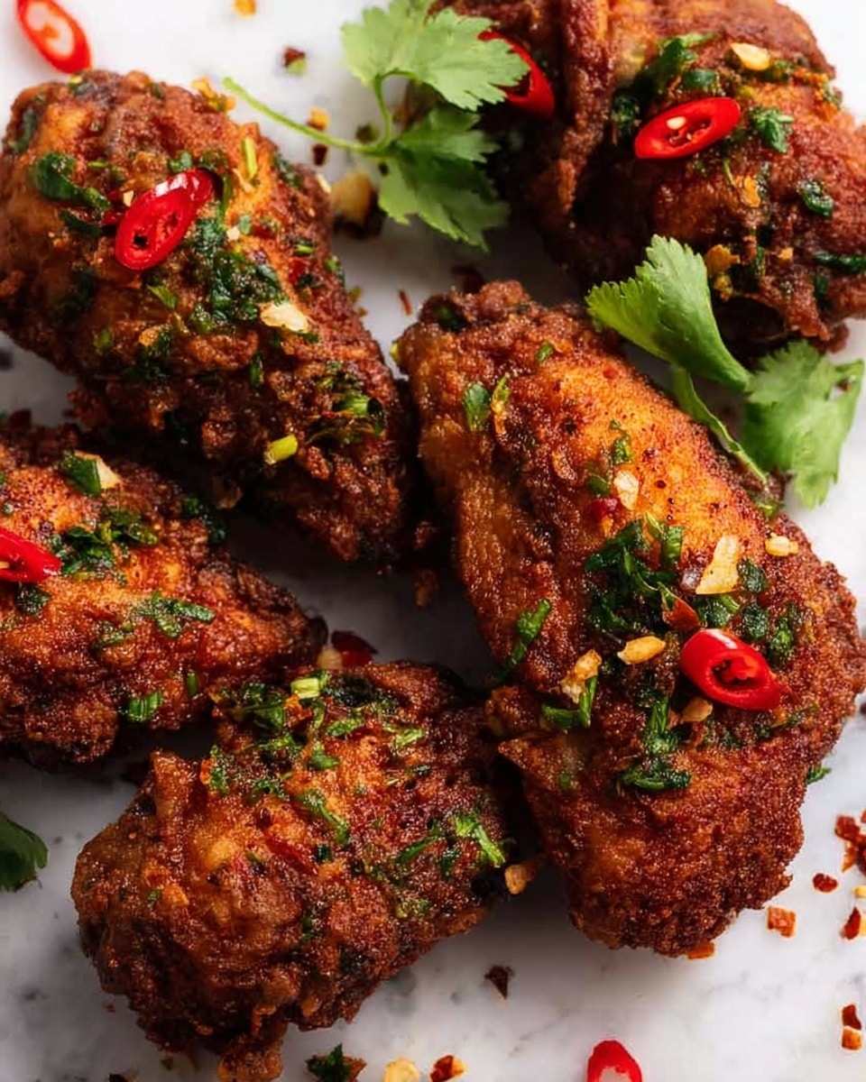 A close-up view of five pieces of dark golden brown fried chicken with a crispy, textured coating. Each piece is dusted with finely chopped green herbs and small bits of red chili pepper, adding pops of green and red color on the surface. A few sprigs of fresh green cilantro sit on the left side, brightening the image. The chicken pieces rest on white paper towels that absorb excess oil, placed on a white marbled surface. The lighting highlights the crunchiness and rich color of the fried chicken skin. photo taken with an iphone --ar 4:5 --v 7