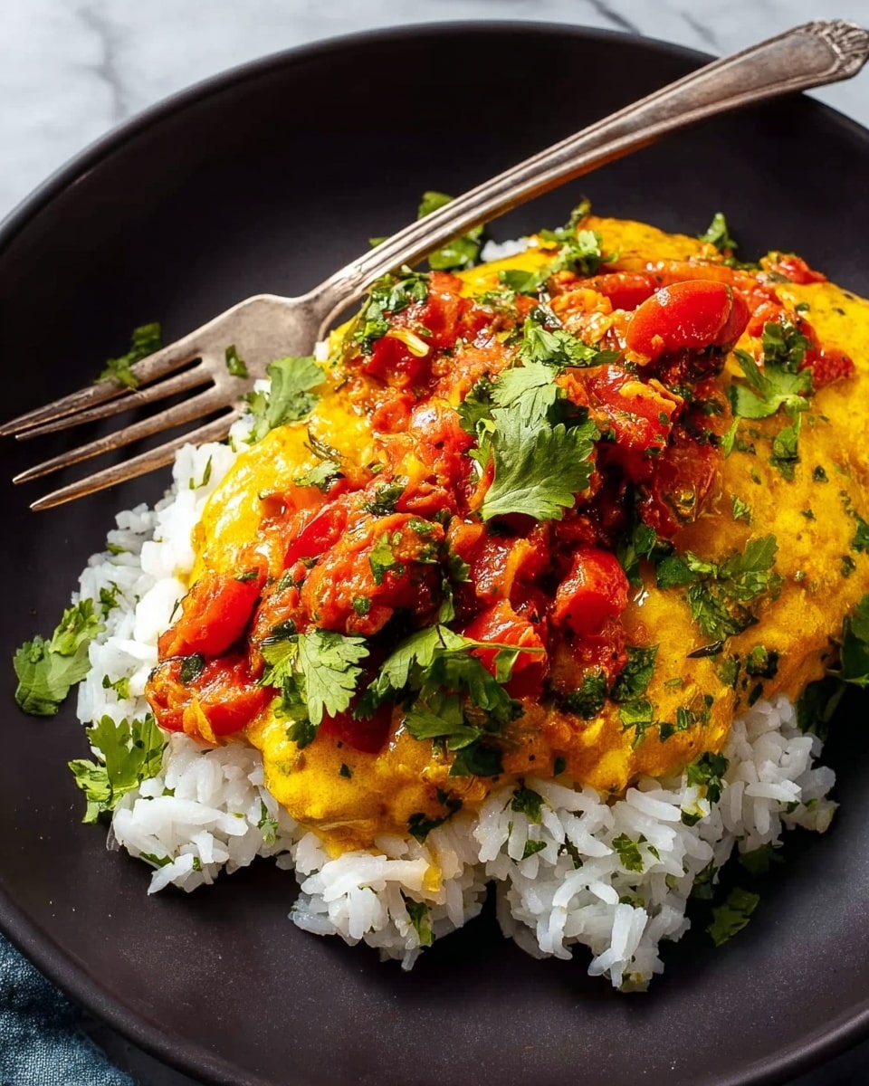 A white plate holds a bed of white rice as the base layer, topped with two large, smooth, bright yellow pieces of cooked egg or tofu, forming the middle layer. On top, there is a chunky, vibrant red tomato sauce with visible pieces of cooked tomato and herbs, adding texture and color contrast. Fresh green cilantro leaves are scattered over the dish, adding a fresh touch. A silver fork rests at the top left edge of the plate. The plate sits on a white marbled surface. photo taken with an iphone --ar 4:5 --v 7