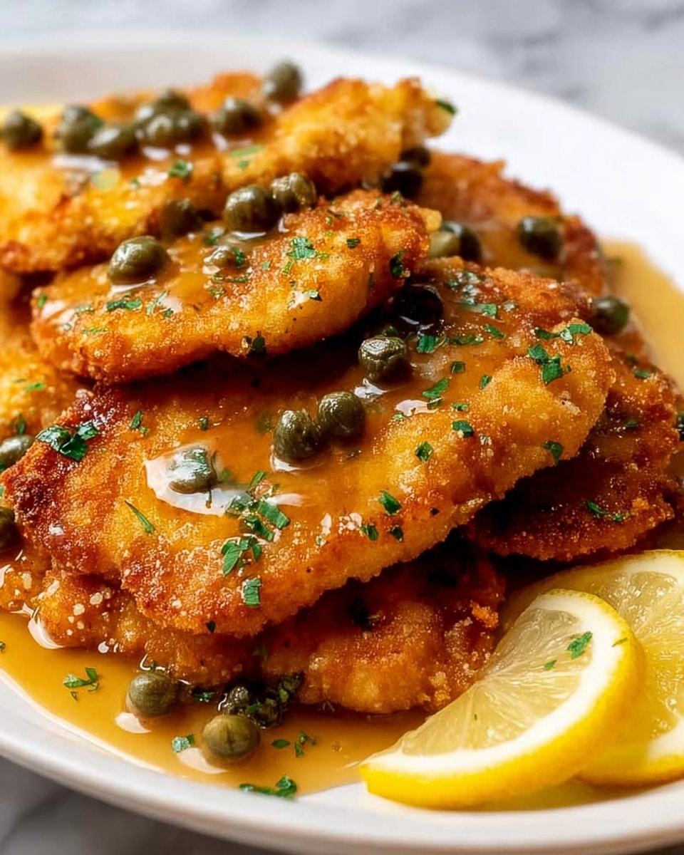 The image shows several pieces of golden brown fried chicken cutlets layered closely on a white plate with a white marbled texture in the background. Each piece has a crispy, browned crust topped with a light tan creamy sauce, sprinkled with small green parsley flakes and dark green capers. The sauce pools slightly on the plate, mixing with the golden crust. To the side, thin slices of bright yellow lemon peek into the frame, adding a fresh contrast to the rich colors of the chicken and sauce. Photo taken with an iphone --ar 4:5 --v 7