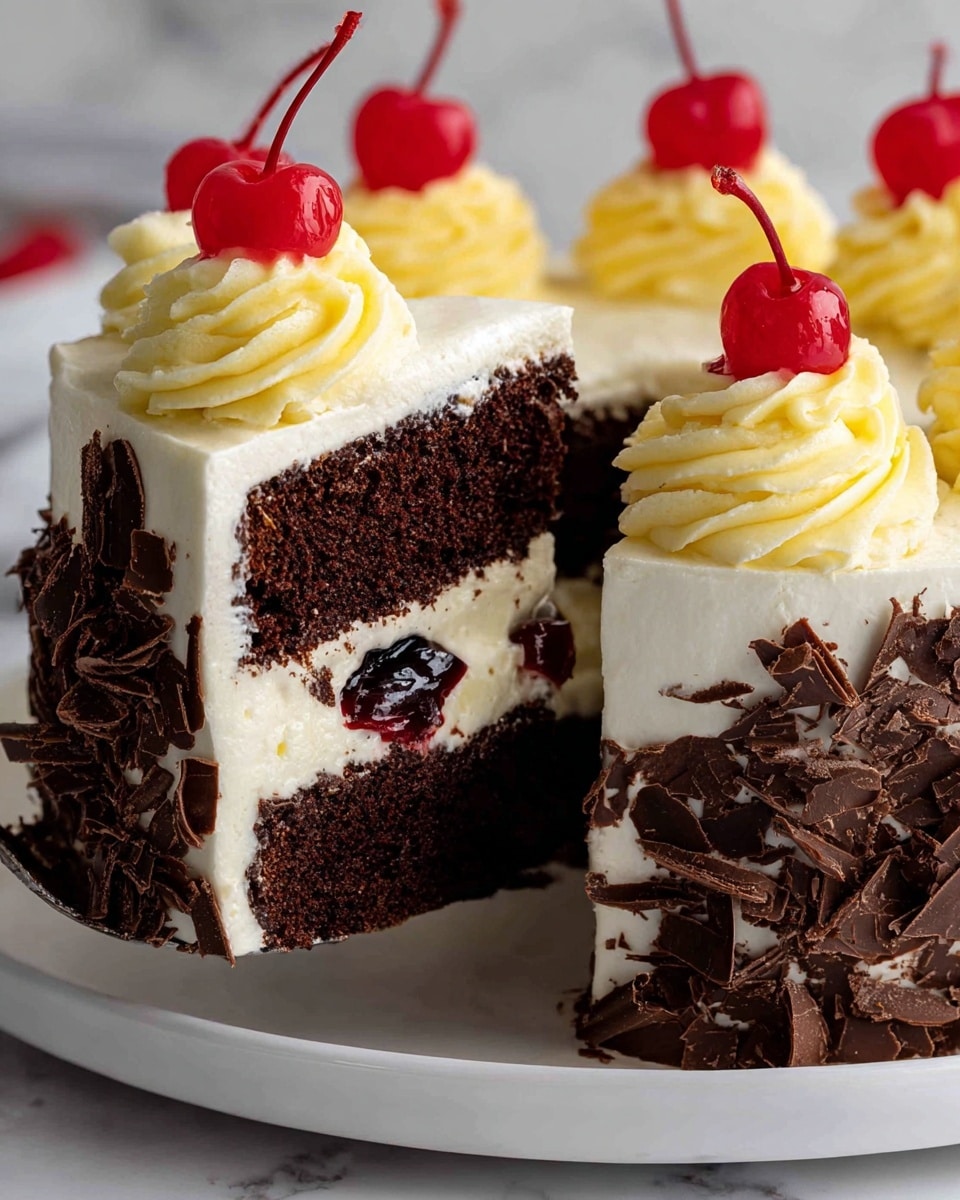A three-layered slice of chocolate cake is shown with dense, dark brown cake layers separated by thick white cream filling with visible dark cherries inside. The outside is smoothly covered in white cream frosting. The top edge of the cake is decorated with tall swirls of white cream, each topped with a bright red cherry. Around the bottom edge of the cake, there are scattered thin dark chocolate shavings. The cake sits on a white plate placed on a white marbled surface, and a silver cake server lifts the slice, showing the inside layers clearly. Photo taken with an iphone --ar 4:5 --v 7