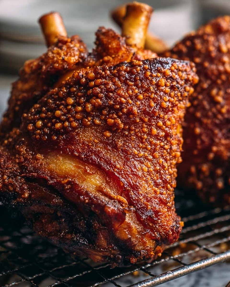The image shows a close-up of two large pieces of roasted pork with crispy, golden-brown skin that is textured and bubbly, covering the whole top layer. The skin has a rich reddish-brown color with some darker spots, and the meat beneath is slightly visible at the edges, showing a juicy and tender texture in a deep brown shade. The pieces are resting on a black metal rack with thin bars, letting air circulate under the pork. The background is out of focus but has a white marbled texture, enhancing the warm tones of the pork. photo taken with an iphone --ar 4:5 --v 7