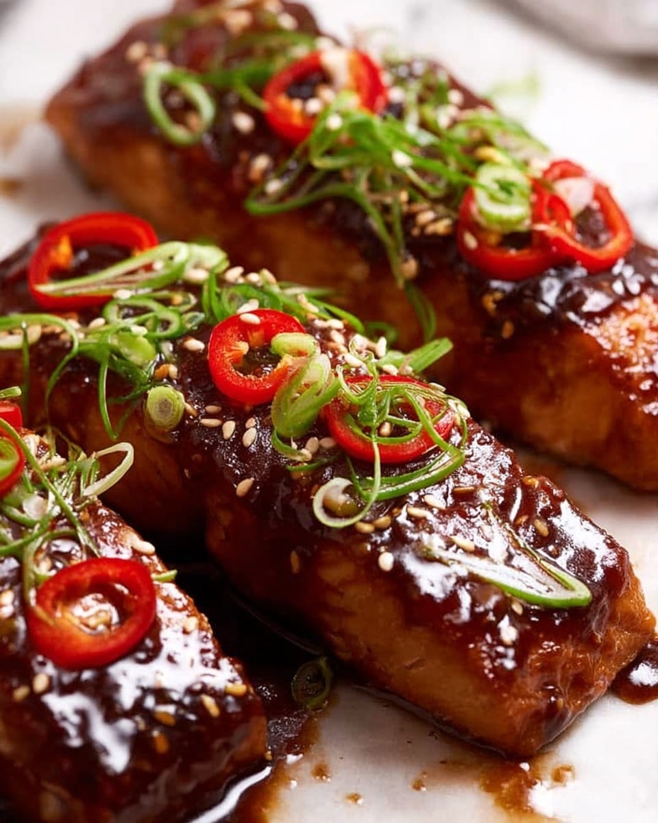 The image shows pieces of glazed dark brown, shiny grilled fish fillets arranged close together on a white marbled surface. Each fillet is topped with thin green curled strips, bright red sliced chili peppers, and sprinkled with small white sesame seeds. There are slight spots of sauce around the fillets on the white marbled surface, adding texture and extra shine to the scene. photo taken with an iphone --ar 4:5 --v 7