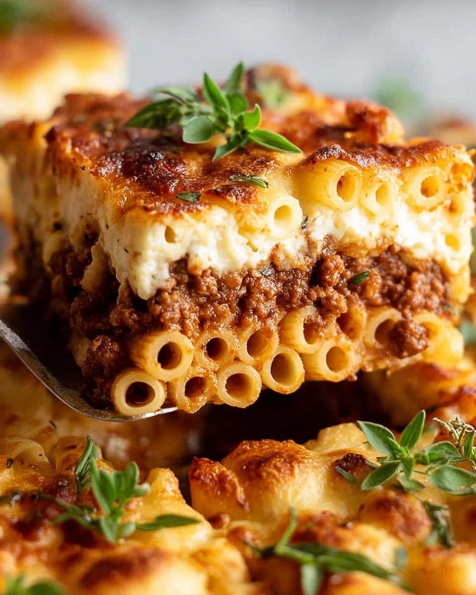 A close-up image of a square piece of baked pasta being lifted by a spatula shows three distinct layers: the bottom layer is small tubular pasta in a light golden color, the middle layer is a rich, brown ground meat sauce, and the top layer is melted, browned cheese with a bubbly texture and a few fresh green herb leaves on top. The piece is thick and moist, with the layers clearly defined, and the background features more baked pasta in soft focus on a white marbled surface. Photo taken with an iphone --ar 4:5 --v 7