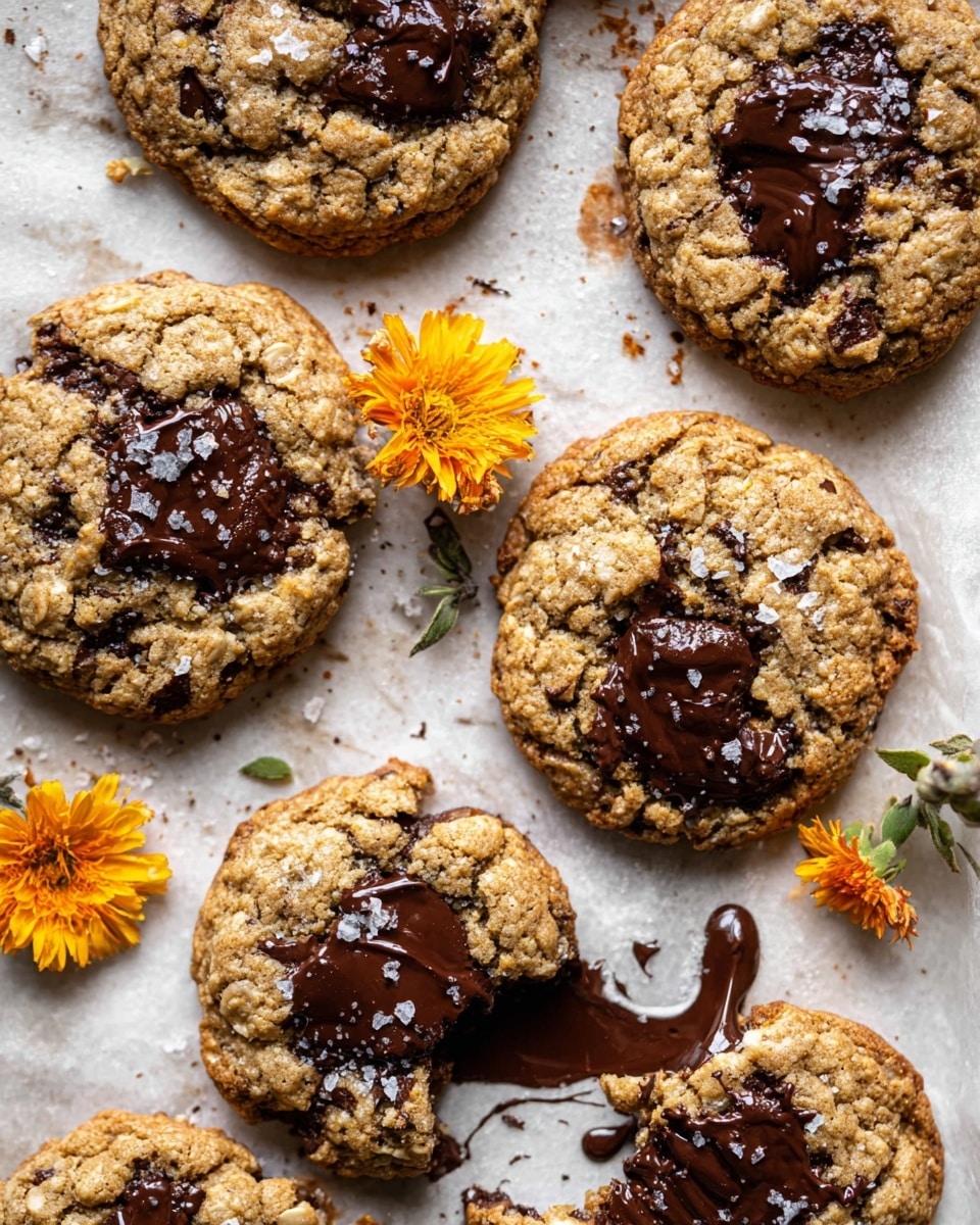 Six round oatmeal cookies with large, melted dark chocolate chunks are scattered on white parchment paper over a white marbled surface. The cookies have a rough, golden-brown texture with visible oats and uneven edges. Some have bits of flaky sea salt sprinkled on top, adding a slight sparkle. Two of the cookies are broken, showing gooey, dark chocolate flowing out. Near the cookies are small orange and yellow dried flowers, adding a soft natural touch to the scene. photo taken with an iphone --ar 4:5 --v 7