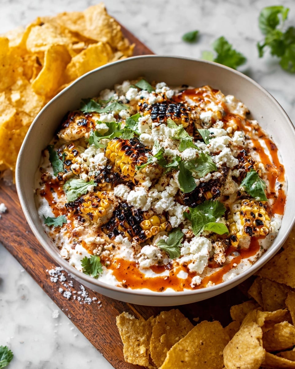 The image shows a white bowl filled with creamy corn dip as the base layer, speckled with roasted corn pieces that are golden-yellow and slightly charred, giving a smoky look. Drizzled around the top is a layer of reddish chili oil, adding a bright, oily shine. Over this, there is a generous sprinkle of crumbled white cheese scattered unevenly, with fresh, vibrant green cilantro leaves placed on top, giving a fresh contrast. The bowl sits on a wooden board with crispy, golden-brown tortilla chips around it, and fresh basil leaves rest at the upper corner, all set on a white marbled surface. photo taken with an iphone --ar 4:5 --v 7