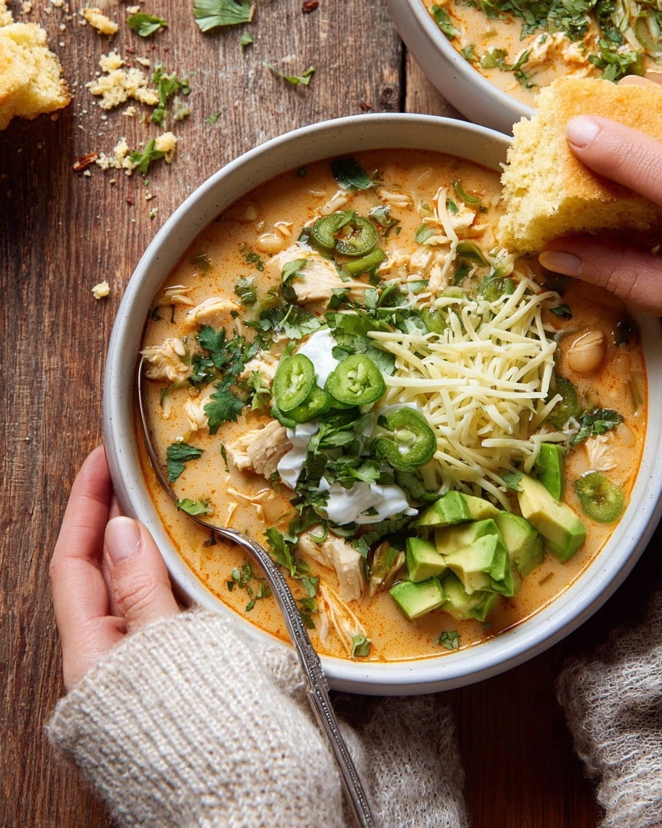 The image shows a white bowl filled with creamy orange soup as the base layer, scattered with chunks of chicken and beans, topped with a layer of bright green chopped cilantro and sliced green onions. There are medium-sized chunks of avocado placed on one side, and shredded white cheese atop a dollop of sour cream near the center. A silver spoon rests inside the bowl, and a woman's hand holds a piece of light golden bread on the right side, with another woman's hand gently holding the bowl from the bottom left. The bowl is set on a dark wooden surface with scattered bread crumbs nearby. photo taken with an iphone --ar 4:5 --v 7